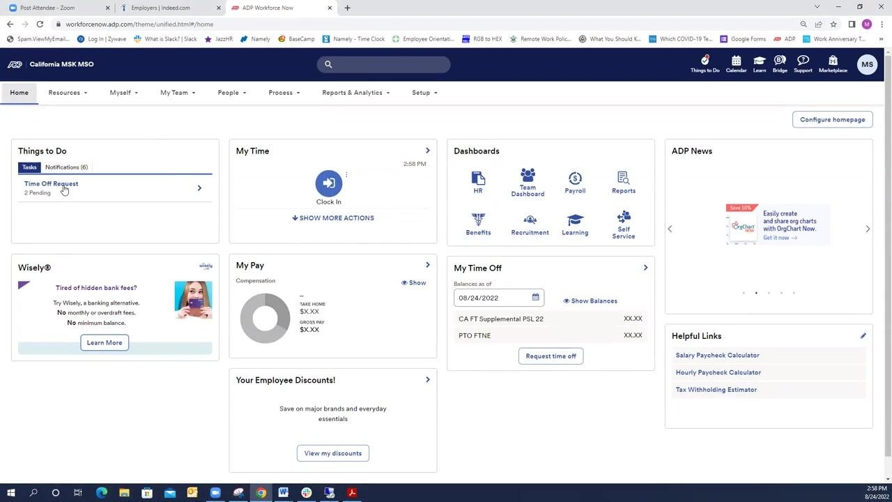 ADP Workforce Now review window showing a pending time off request with all details, balances, and action buttons