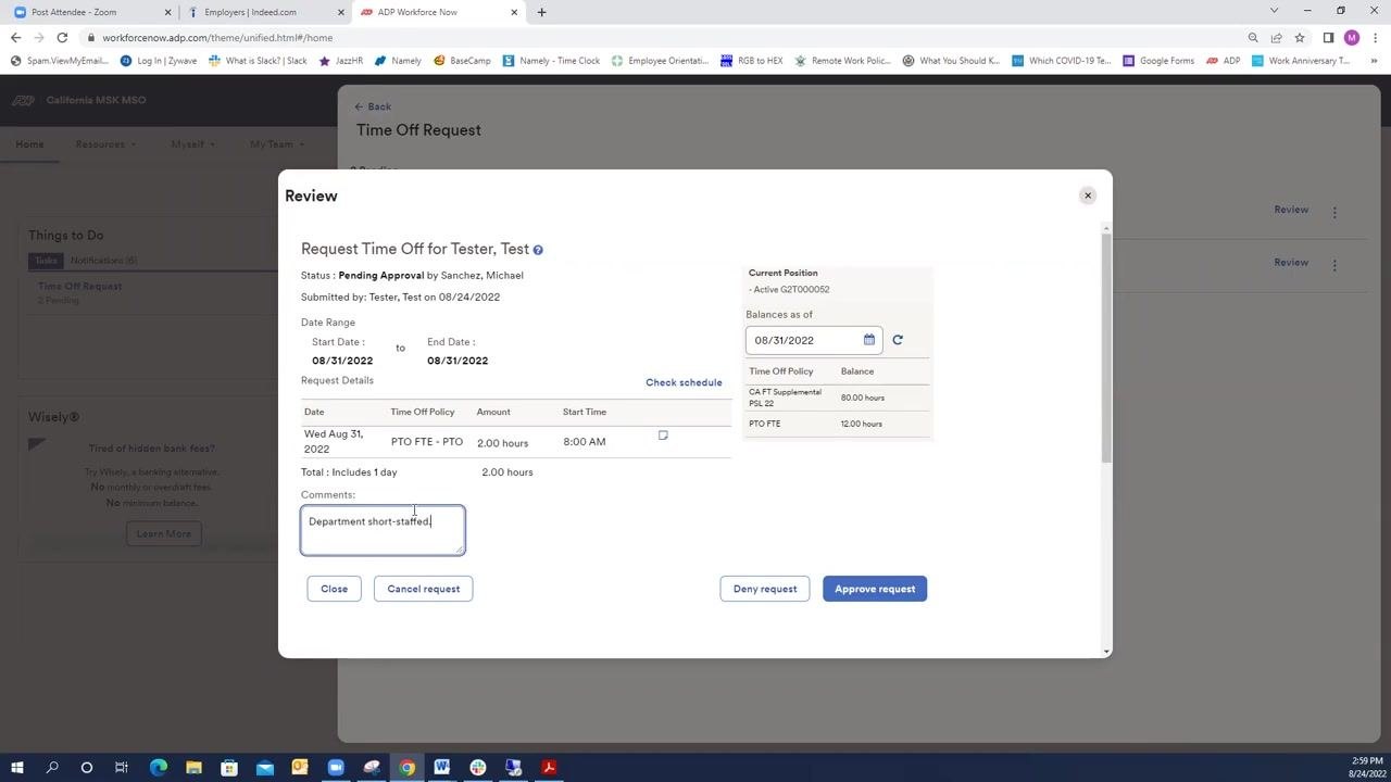 ADP Workforce Now review window with the comment "Department short-staffed" entered and action buttons visible