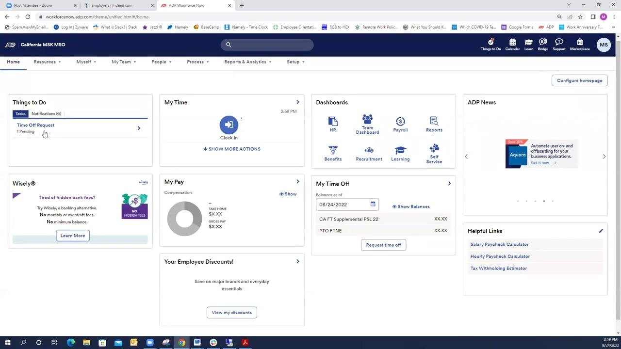 ADP Workforce Now homepage with the cursor positioned near "My Team" for alternative access to requests