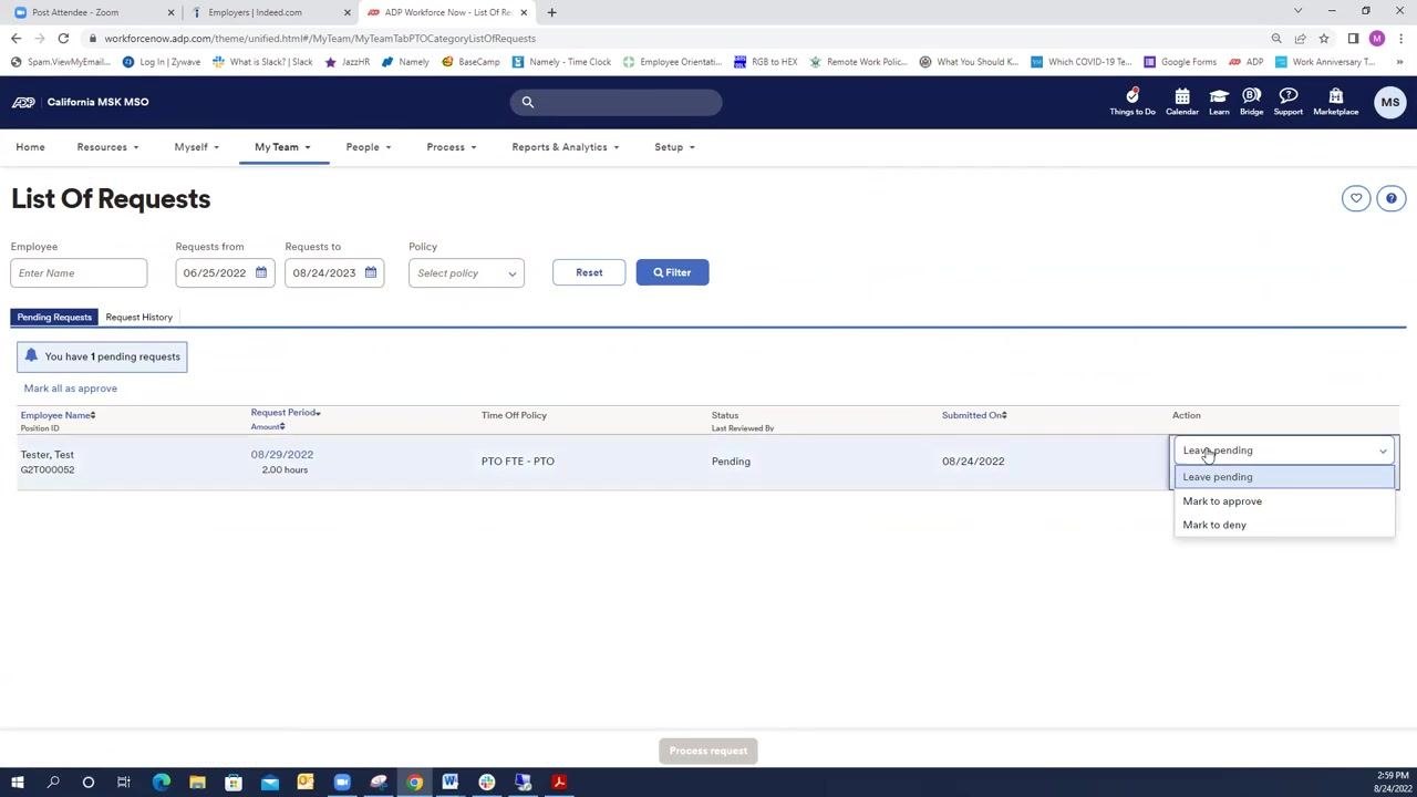 List Of Requests screen showing the "Process request" button and a processing bar at 20 percent complete