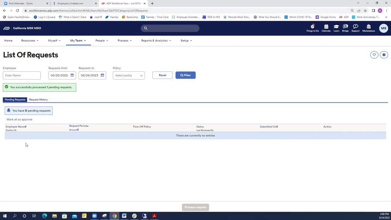 List Of Requests screen showing zero pending requests and a green confirmation message