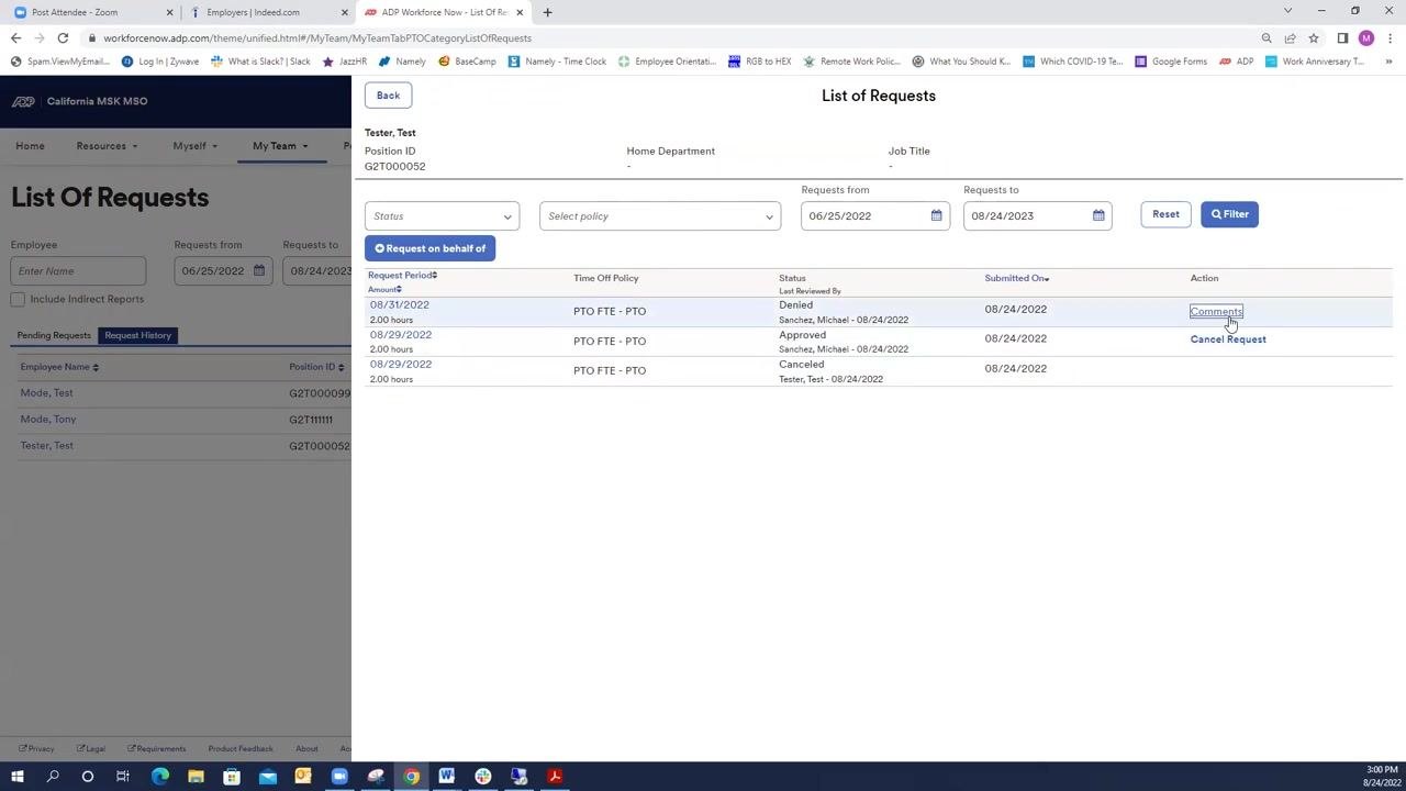 Detailed list of requests for an employee, showing options to add comments or cancel requests