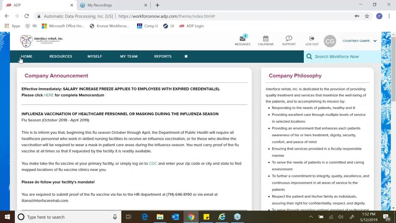 The "MYSELF" tab is selected in the navigation bar, with a dropdown menu showing sections for My Information, Personal Information, Employment, Pay, and Time & Attendance. The cursor points to "Time" under Time & Attendance.