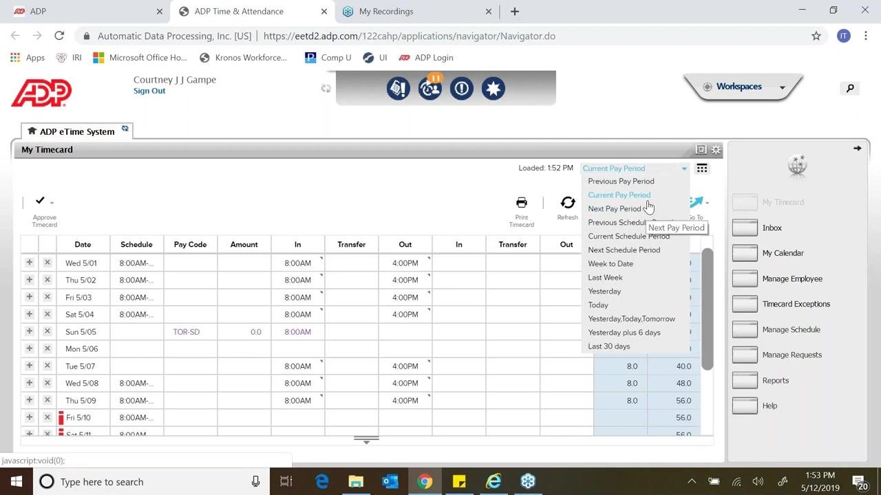 The dropdown menu for pay period selection is open, showing options like Previous Pay Period, Current Pay Period, Next Pay Period, and custom date ranges. The cursor points to "Next Pay Period."