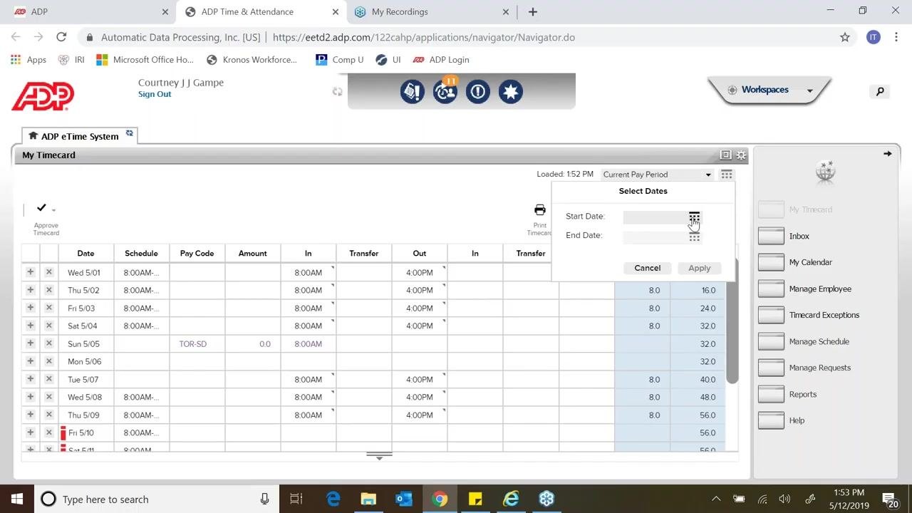 A "Select Dates" pop-up is open above the timecard, with fields for Start Date and End Date, and a calendar icon selected.