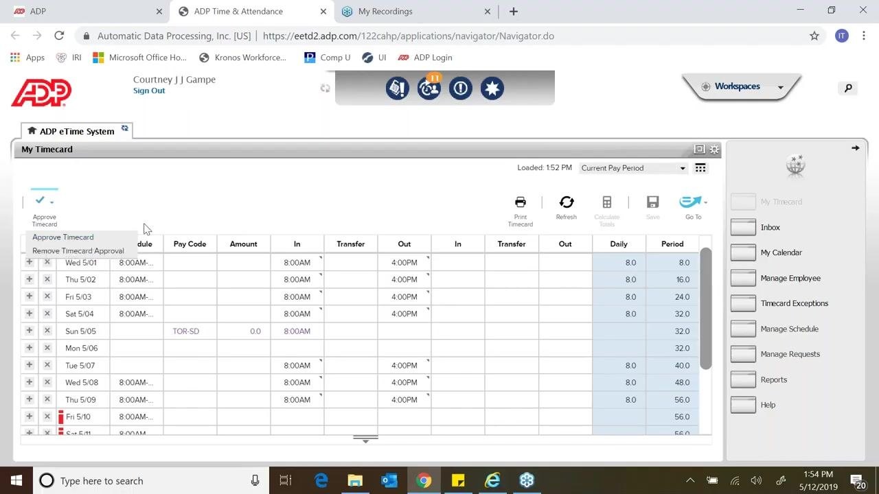 The Approve Timecard dropdown is open in the upper left of the timecard window, showing options to Approve Timecard or Remove Timecard Approval.