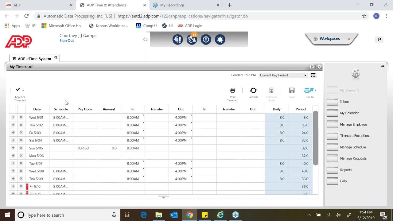The ADP Time & Attendance "My Timecard" screen is displayed, showing a detailed timecard table with columns for Date, Schedule, Pay Code, Amount, In, Transfer, Out, Daily, and Period. The Approve Timecard checkmark icon is visible on the left, and the right sidebar lists navigation options such as Inbox, My Calendar, Manage Employee, Timecard Exceptions, Manage Schedule, Manage Requests, Reports, and Help.