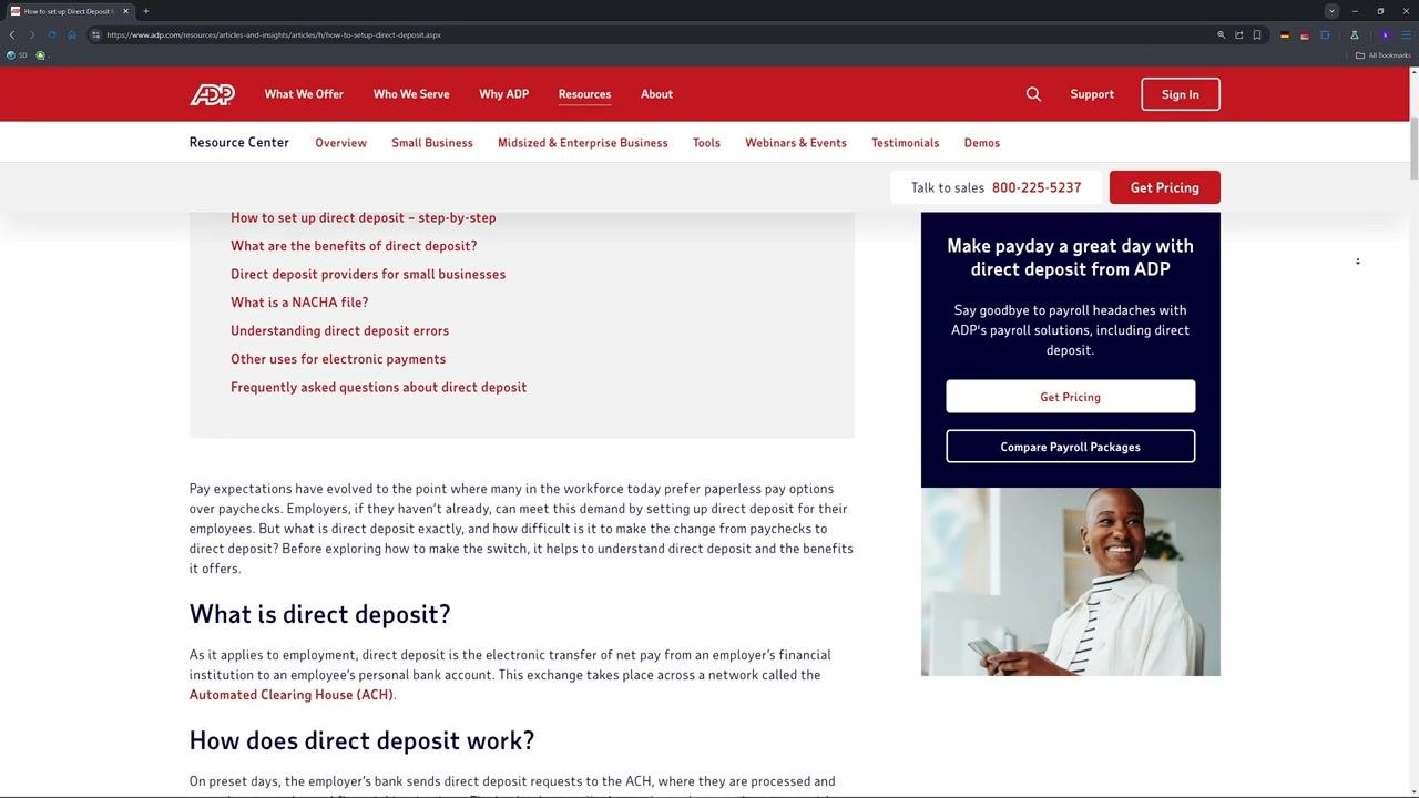 ADP portal login page showing direct deposit setup instructions, the navigation bar, and a banner highlighting the benefits of direct deposit.