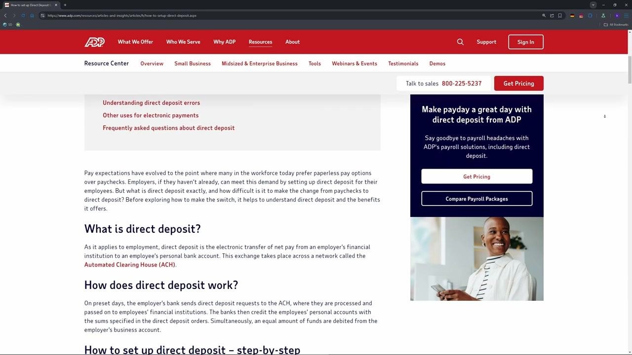 ADP portal displaying the navigation menu and available options for setting up direct deposit.