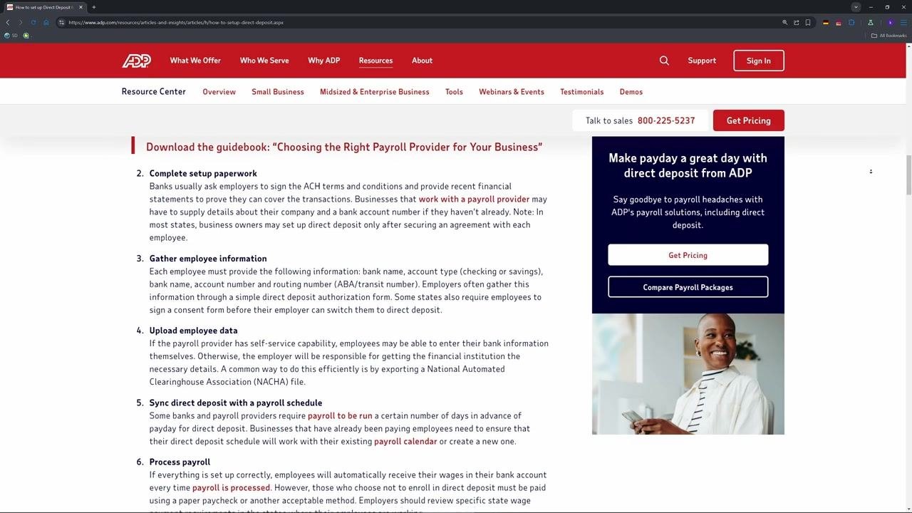 ADP portal screen with input fields for entering bank information as part of the direct deposit setup process.