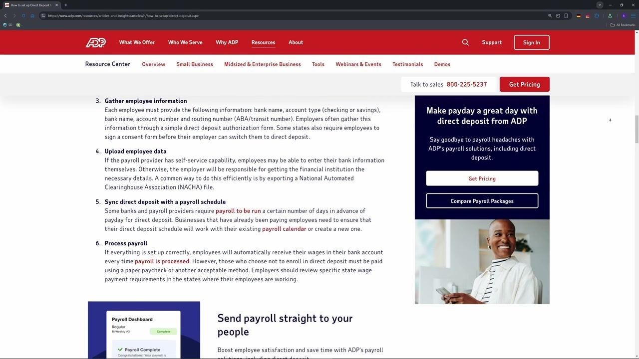 ADP page explaining the payroll processing workflow, including gathering employee information, uploading data, syncing direct deposit with the payroll schedule, and processing payroll.