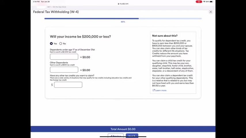 Federal Tax Withholding (W-4) introduction screen with instructions and a link to the IRS estimator