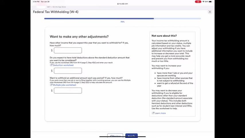 W-4 filing status selection screen with three options and explanatory text