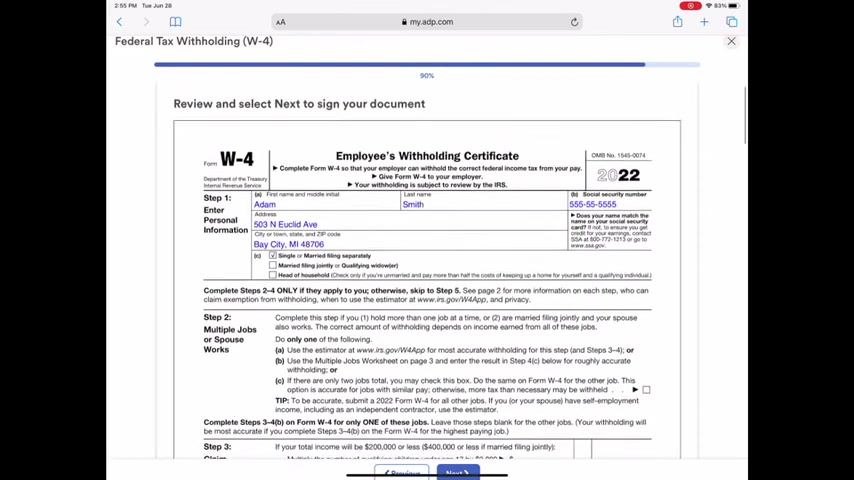 W-4 screen for income, dependents, and tax credits, with input fields and explanatory text