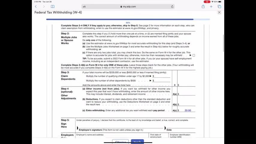 W-4 form signature section with the employee signature field and certification checkbox