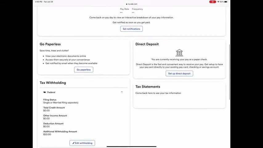 ADP Pay page showing the Tax Withholding summary under Federal, including filing status and additional withholding amount