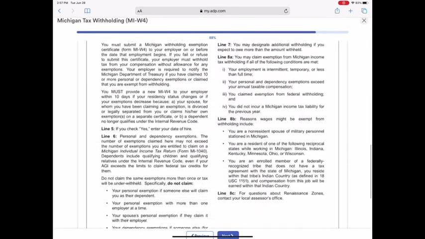 Michigan Tax Withholding (MI-W4) screen asking about exemptions and providing guidance