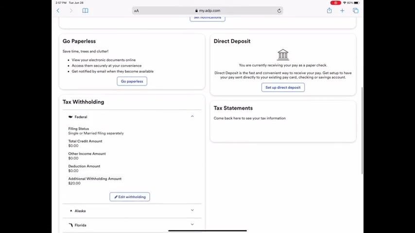 ADP Pay page showing the Tax Withholding, Go Paperless, Direct Deposit, and Tax Statements sections
