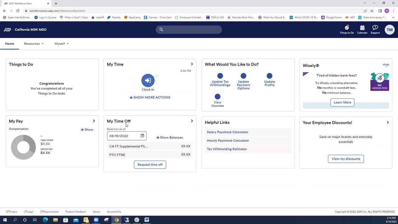 ADP Workforce Now home page showing several tiles, including My Time Off with balances and a Request time off button