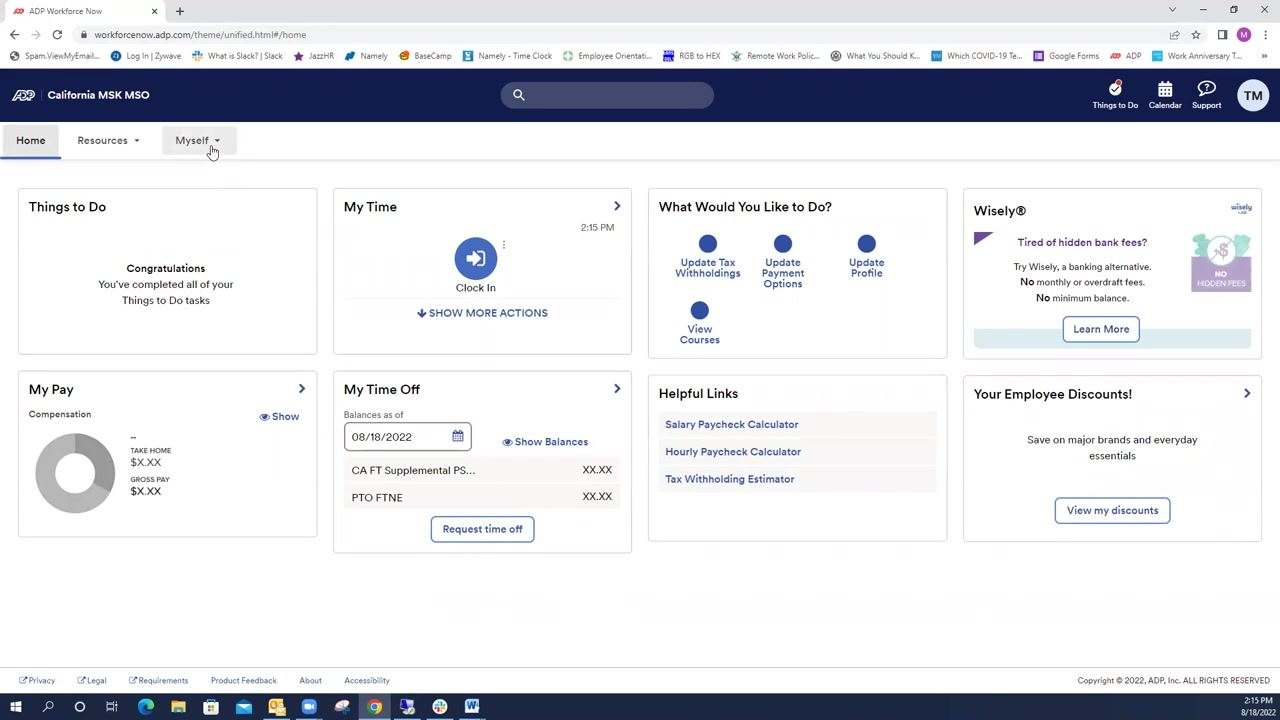ADP Workforce Now home page with cursor hovering over the Myself menu for alternative navigation