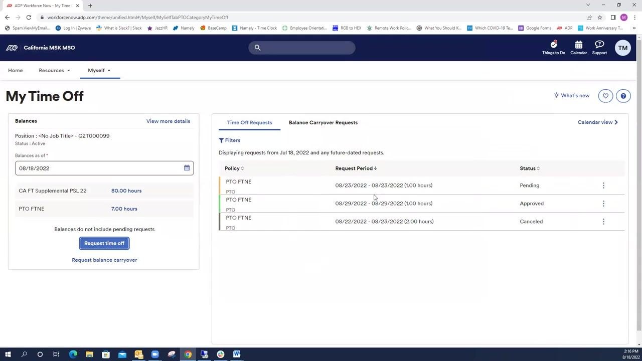 Time Off Request form with the Approve By Date calendar open and the comment box visible