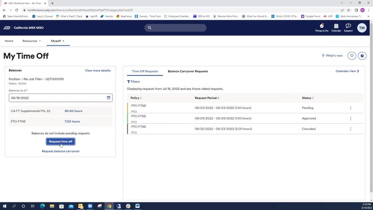 Time Off Request form displaying an overlap warning for an existing request on Aug 23, 2022