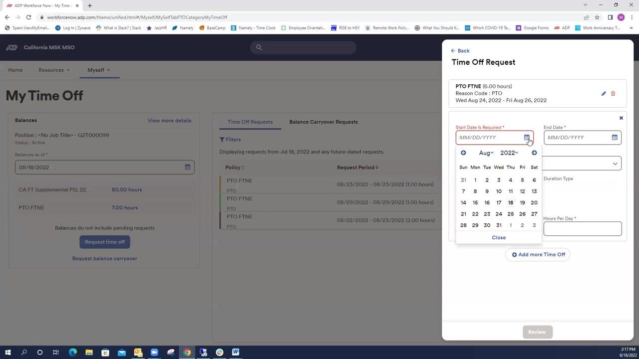 Time Off Request form showing multiple time off segments, ready to add more non-consecutive days
