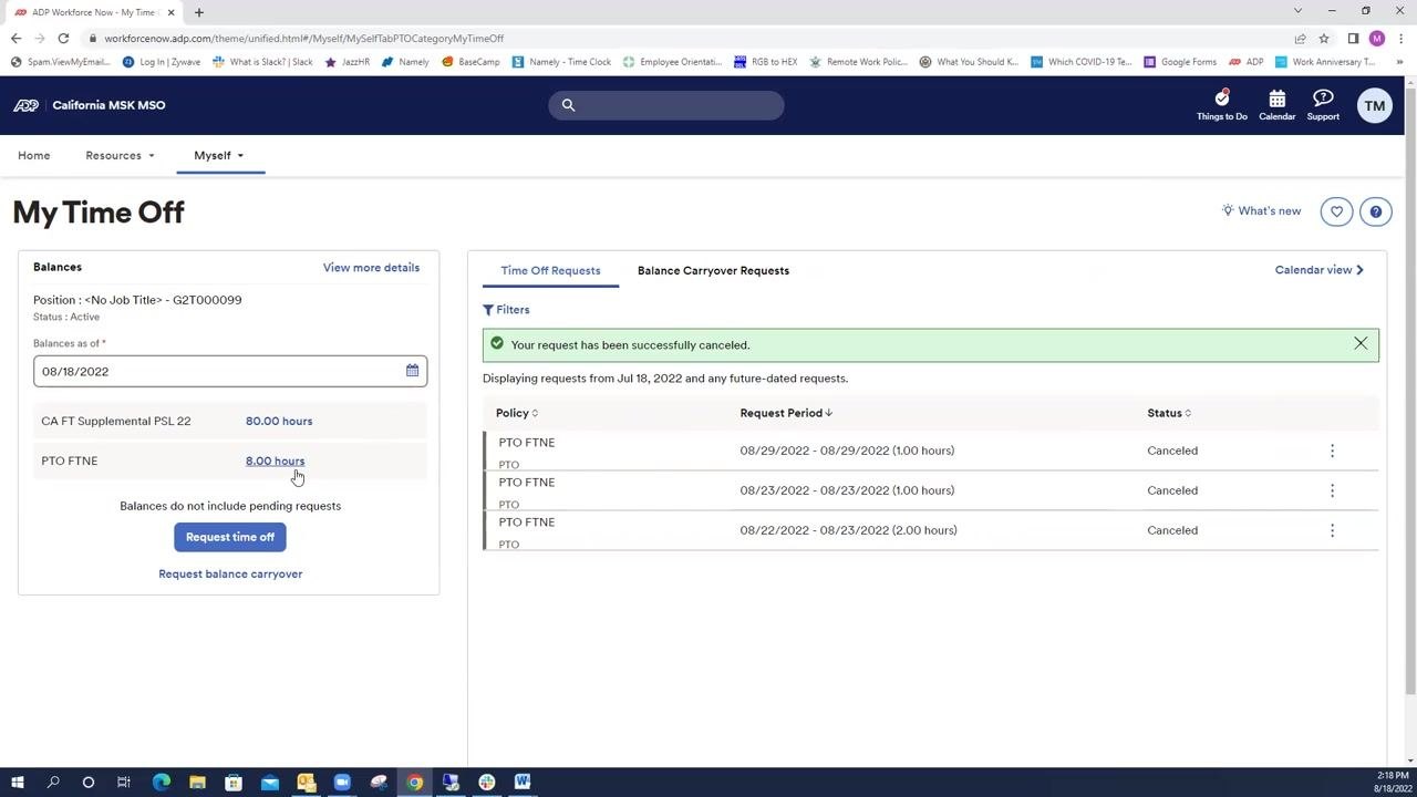 My Time Off page showing a canceled request, a green confirmation banner, and an updated PTO FTNE balance