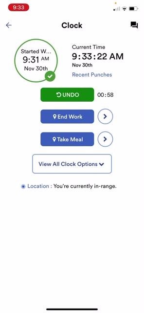 ADP Clock screen with punch details, the UNDO countdown, and location status.