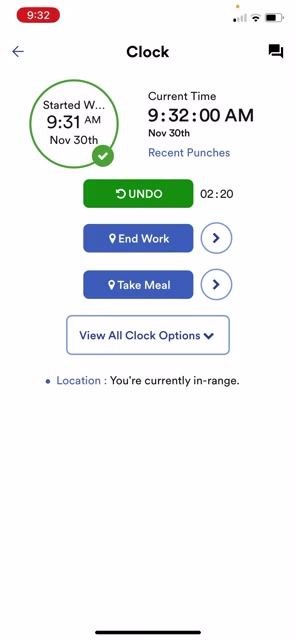 ADP Clock screen after a meal break, showing "Started Work 9:31 AM Nov 30th," the UNDO button, End Work, Take Meal, and View All Clock Options, with location status "You're currently in-range."
