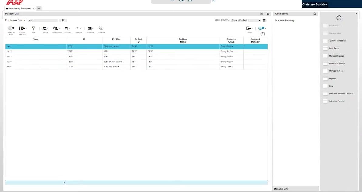Employee list with "test1" selected, showing columns for Name, ID, Pay Rule, Co Code ID, Building Name, Employee Group, and Assigned Manager.