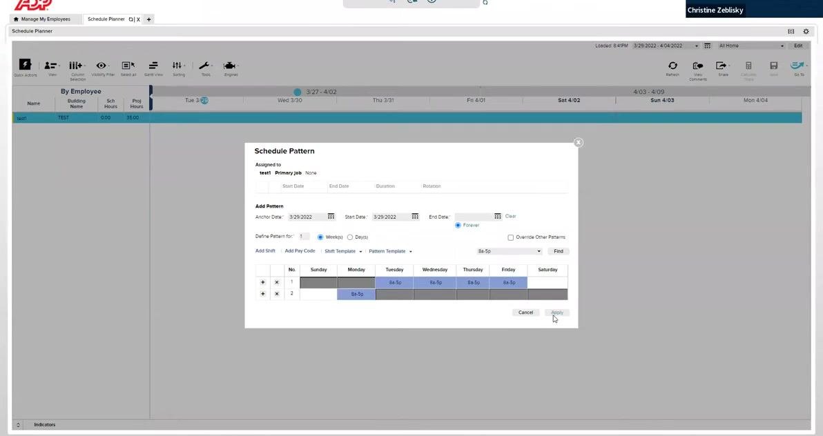 Schedule Pattern dialog with all weekdays filled in and the Apply button highlighted.