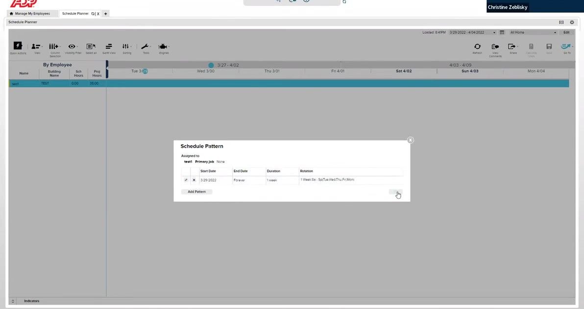 Schedule Pattern dialog showing the assigned employee, dates, duration, and rotation, with the Save button being clicked.