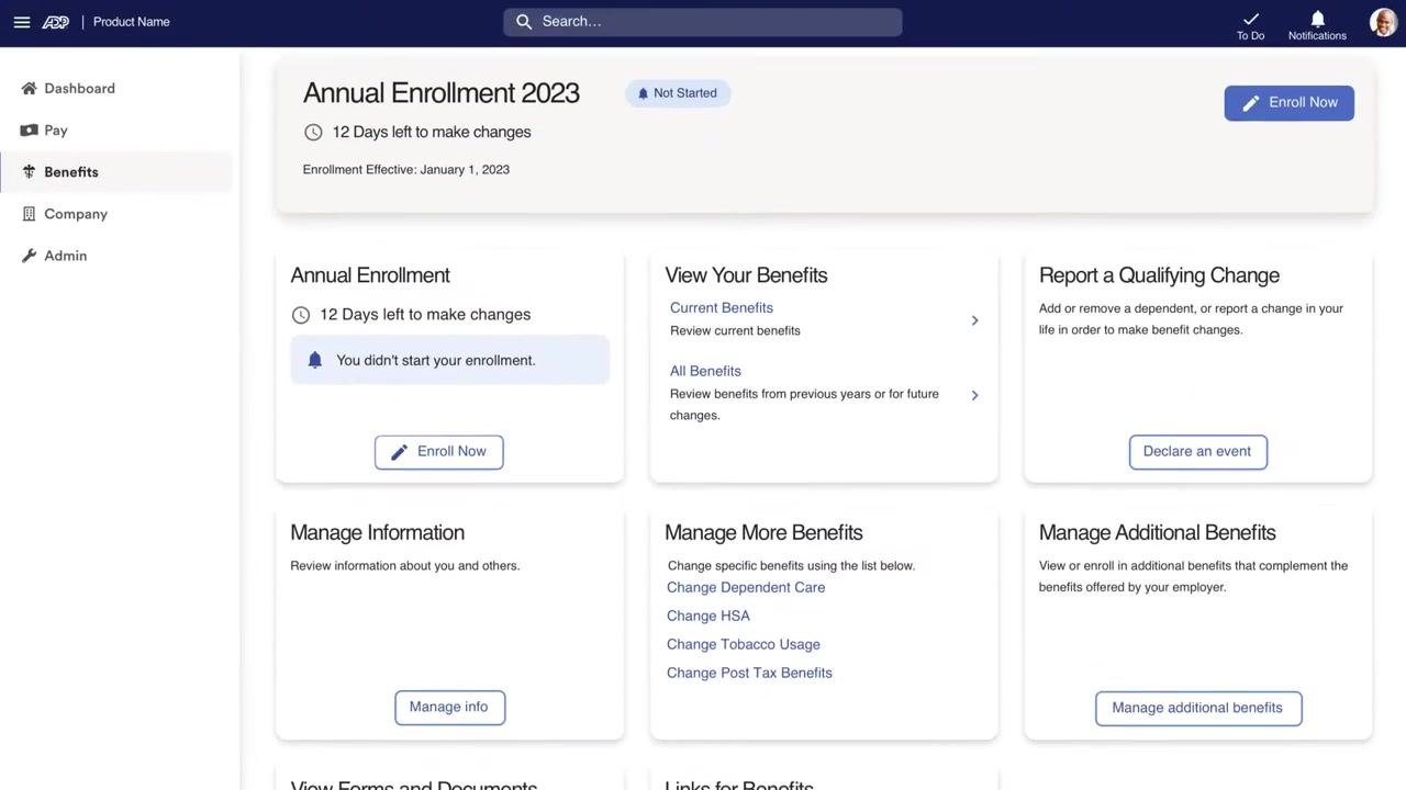 Benefits dashboard displaying Annual Enrollment 2023 with 12 days left to make changes, a Not Started status, and an Enroll Now button.