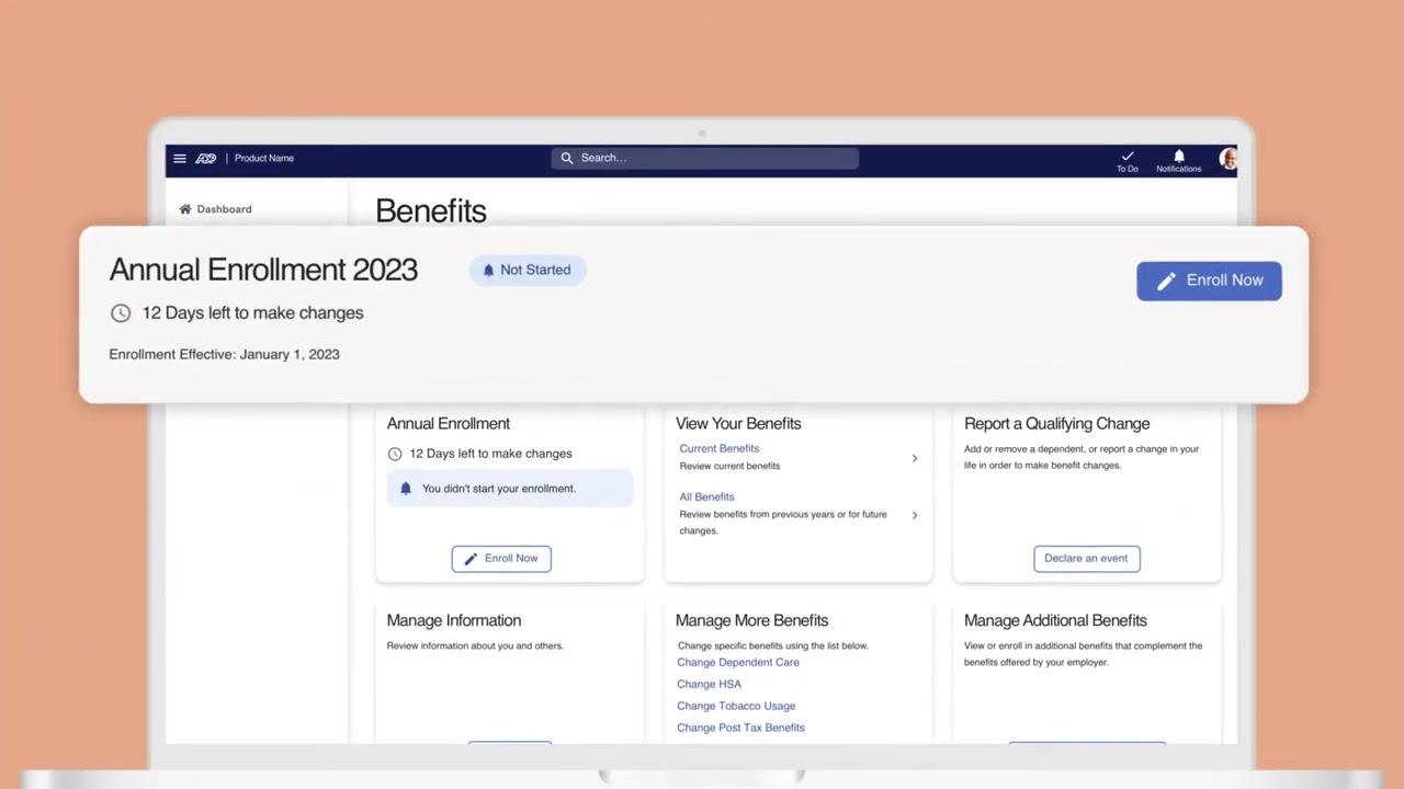 A laptop screen showing a notification for Annual Enrollment 2023, with one day left to make changes, an enrollment effective date of January 1, 2022, and a status marked as Incomplete.