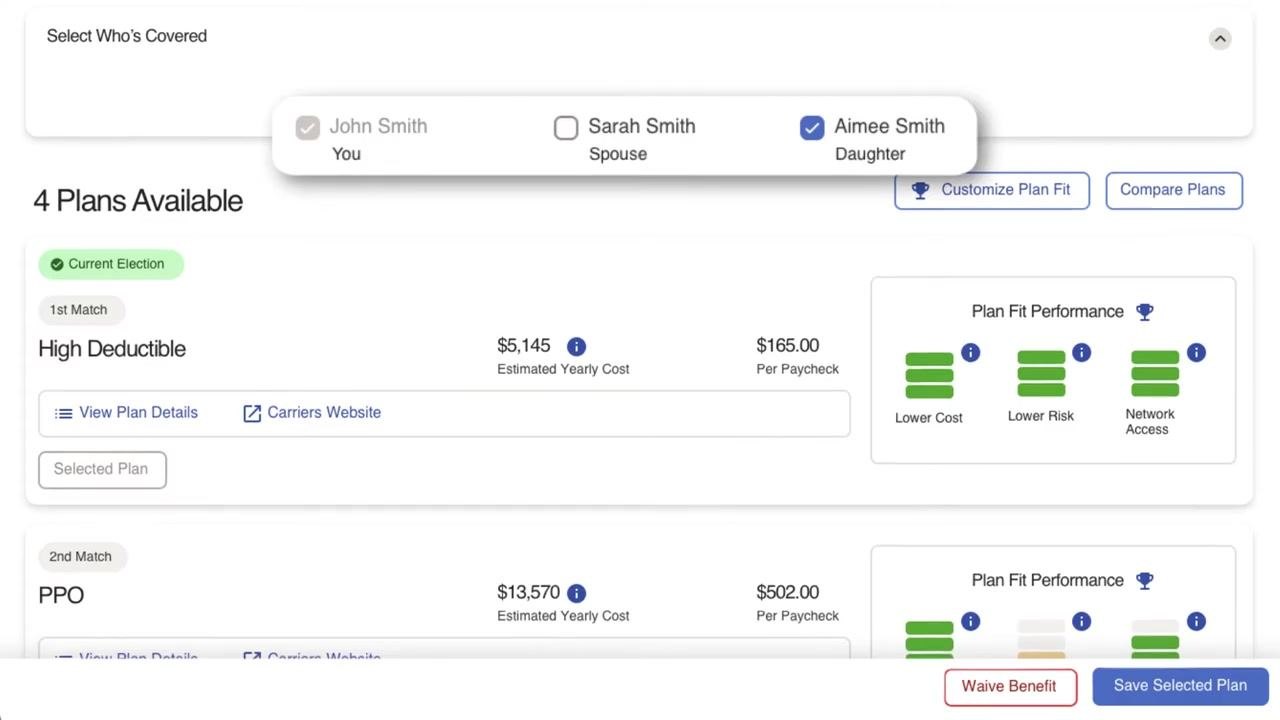 Plan comparison screen showing High Deductible, PPO, and HMO options with cost details, coverage information, and selection buttons.