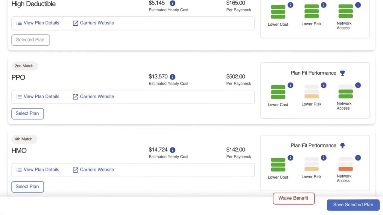 Plan selection screen with Waive Benefit and Save Selected Plan buttons shown for each available plan.