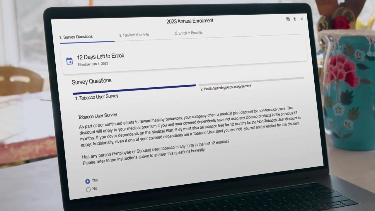 Benefits selection screen listing Basic Life, Pet Health Care Illness, and Group Critical Illness with coverage amounts and change options.