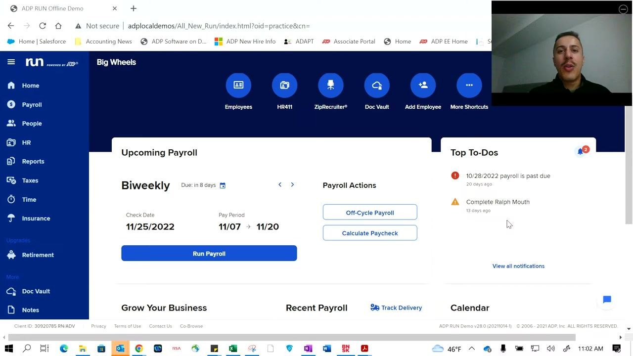 RUN Powered by ADP home dashboard with navigation sidebar, search bar, quick shortcuts, upcoming payroll, and top to-dos visible.