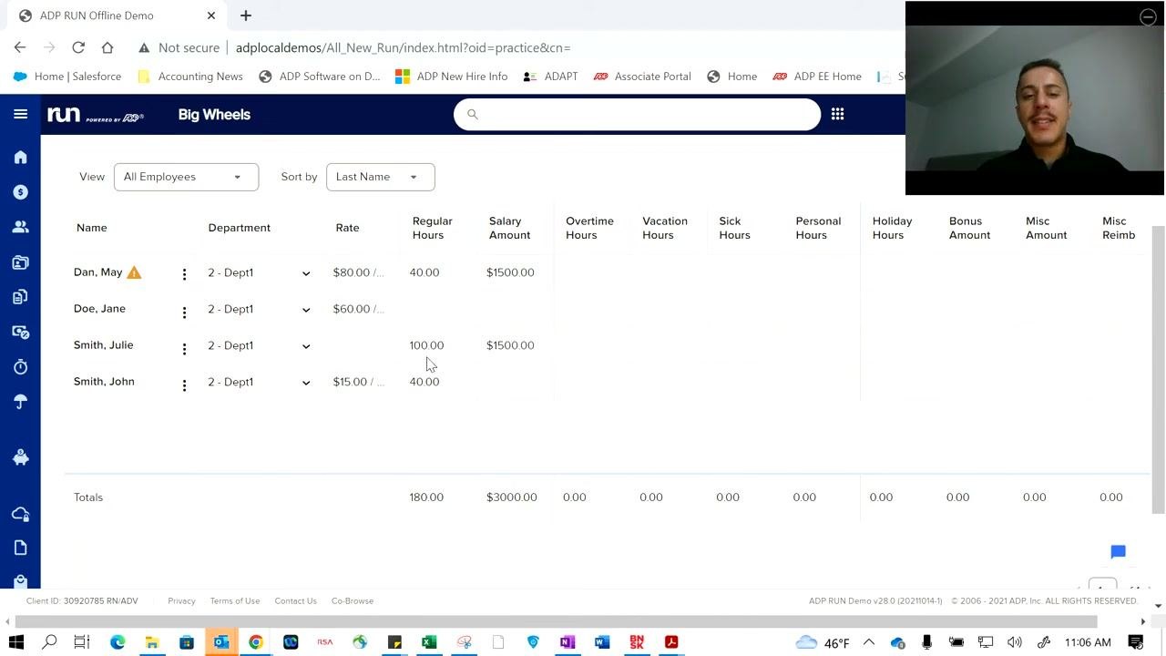 Payroll entry screen after updating regular hours for employees, showing updated totals.