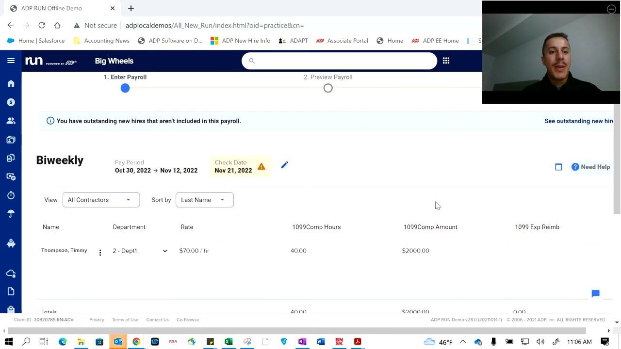 Payroll entry screen with step indicator showing "1. Enter Payroll" and "2. Preview Payroll" as the next step.