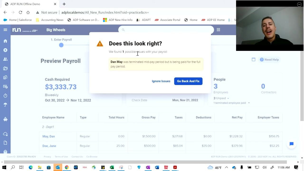 Payroll preview screen with warning dialog about a terminated employee being paid for the full period, payroll summary, and employee pay details.