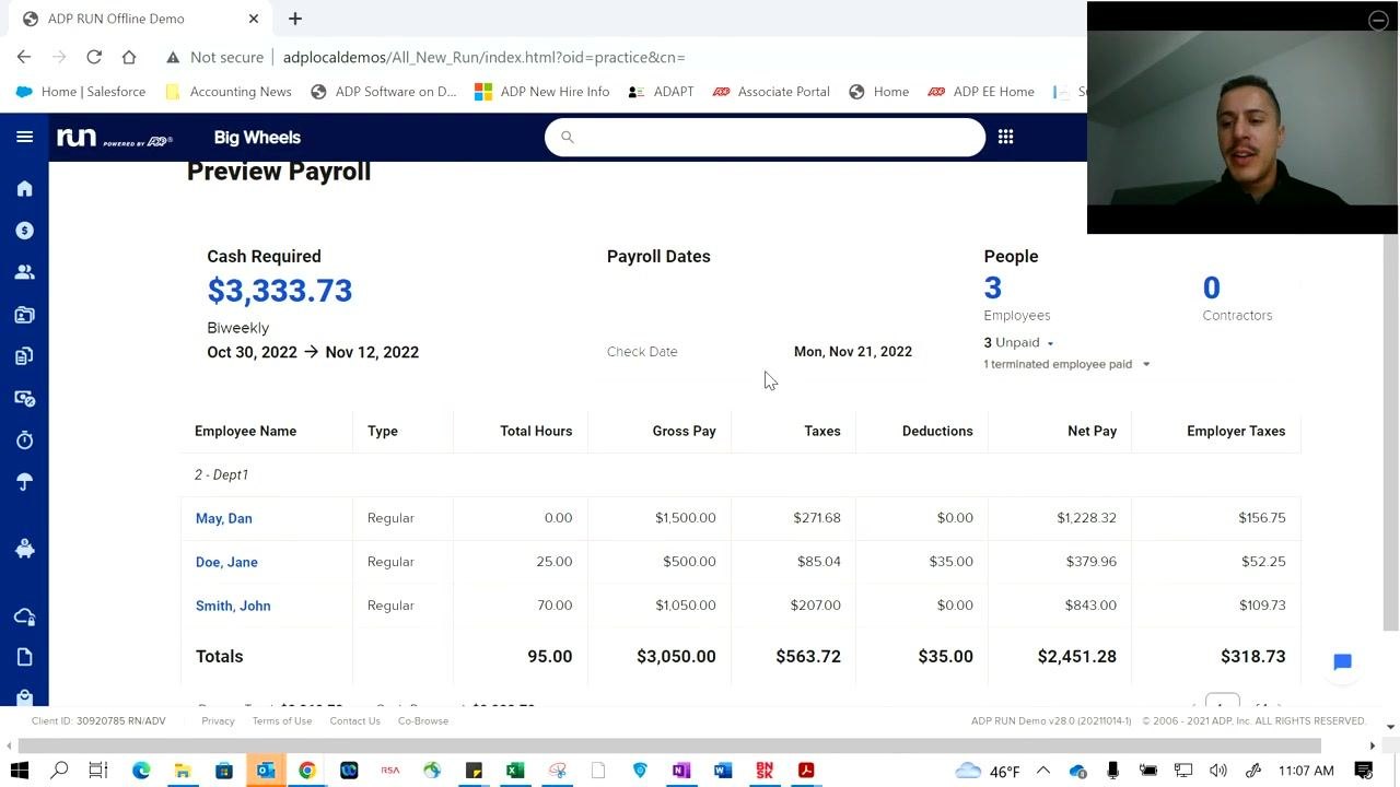 Payroll warning dialog showing terminated employee being paid for full period, with options to ignore or fix.