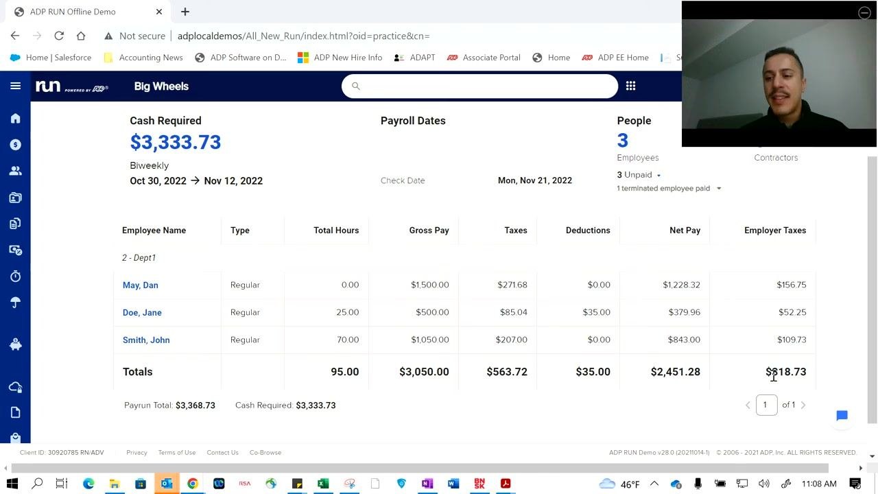 Payroll summary showing totals for payrun, cash required, and detailed breakdown.