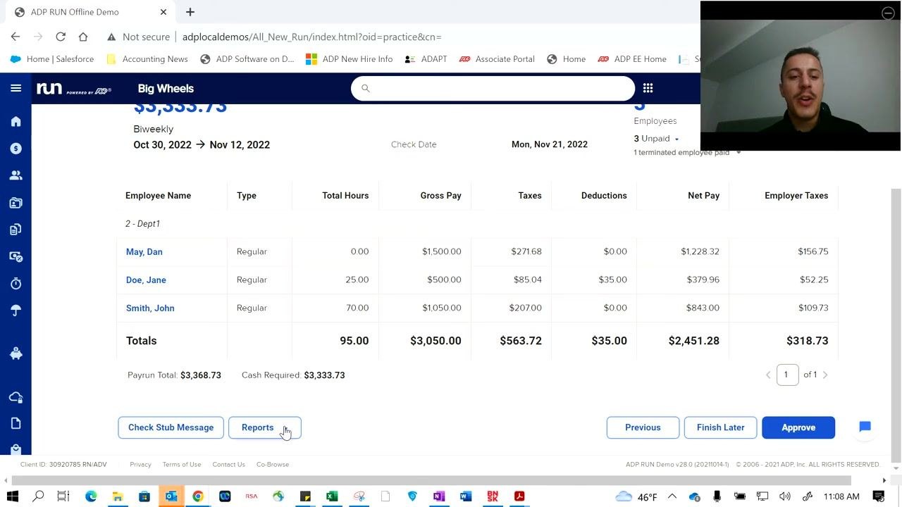 Payroll summary with Reports button highlighted, ready to generate payroll reports.