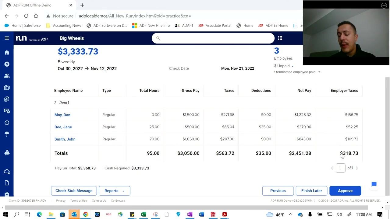 Payroll summary screen with employee details, totals, and Approve button highlighted.