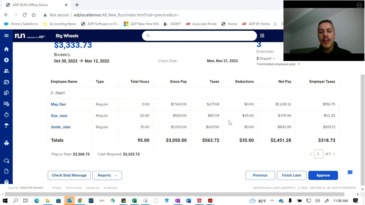 Payroll submission confirmation screen with Success message and payroll summary.