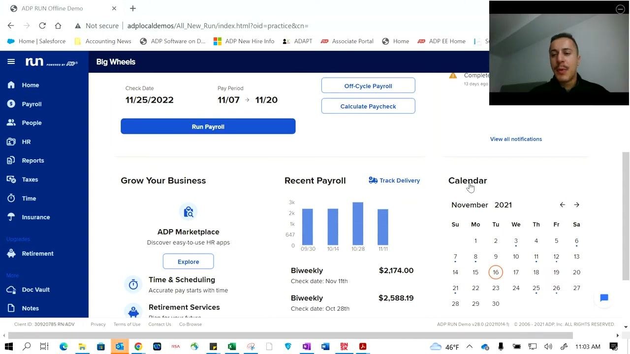 Payroll options screen with all available payroll-related actions listed.