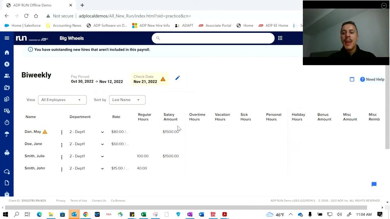 Payroll entry screen showing employee pay details, pay period, check date, and spreadsheet-style columns for hours, salary, and bonuses.