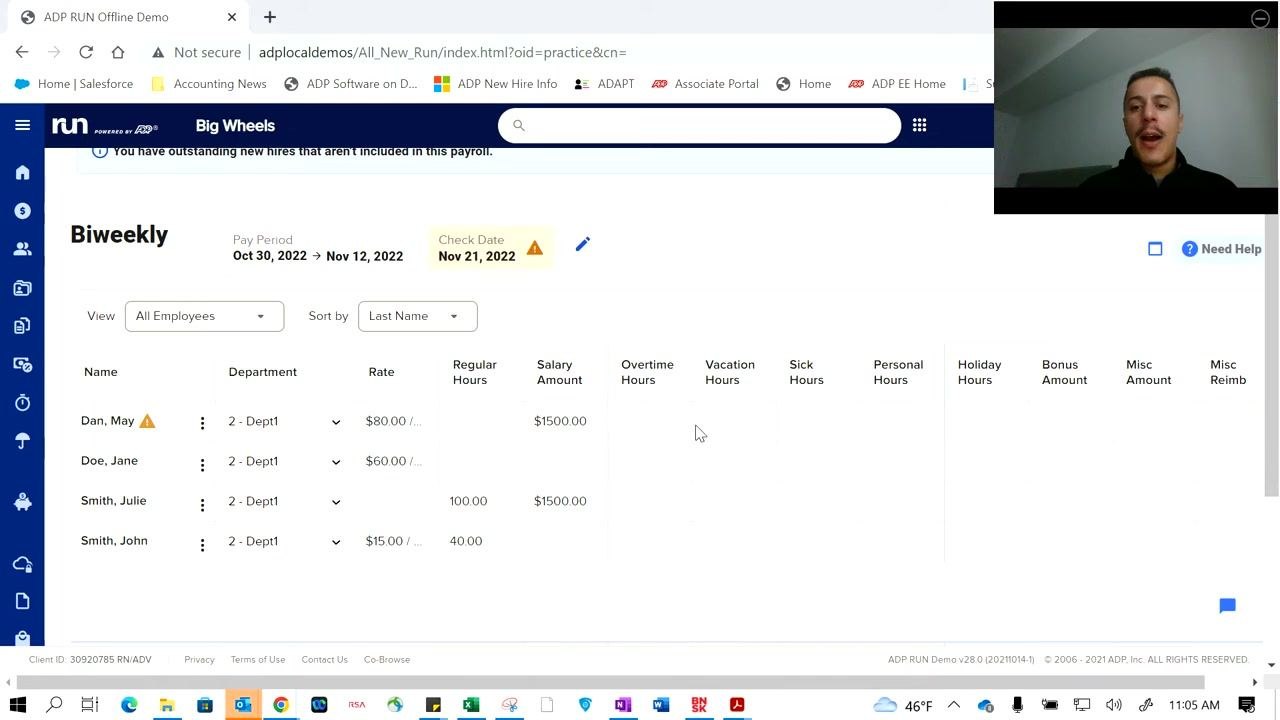 Payroll entry screen with editable fields for hours, salary, bonuses, and tips for each employee.